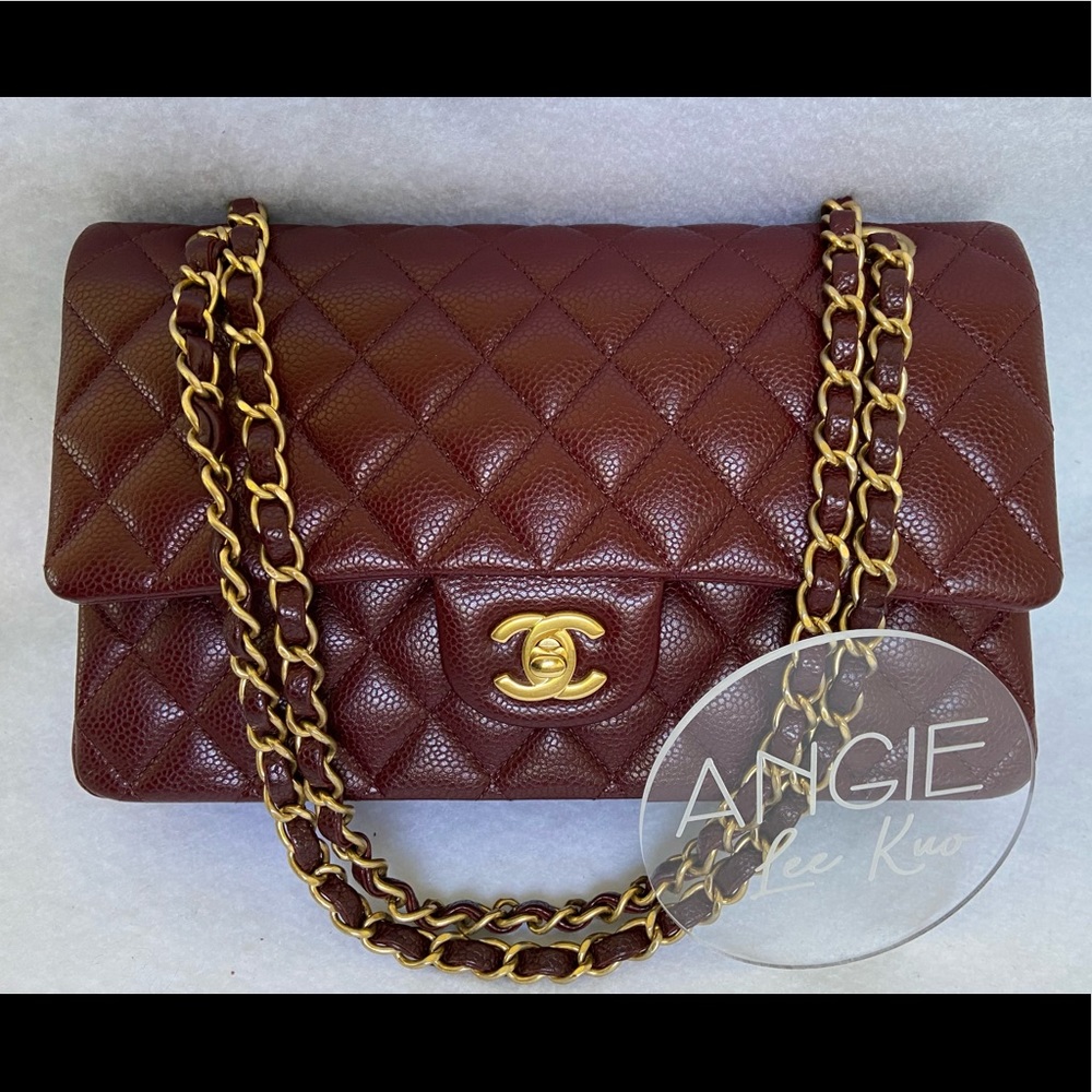 SOLD 15B CHANEL Classic Medium Double Flap Burgundy Caviar Brush Matte Gold HWR - Picture 2 of 16